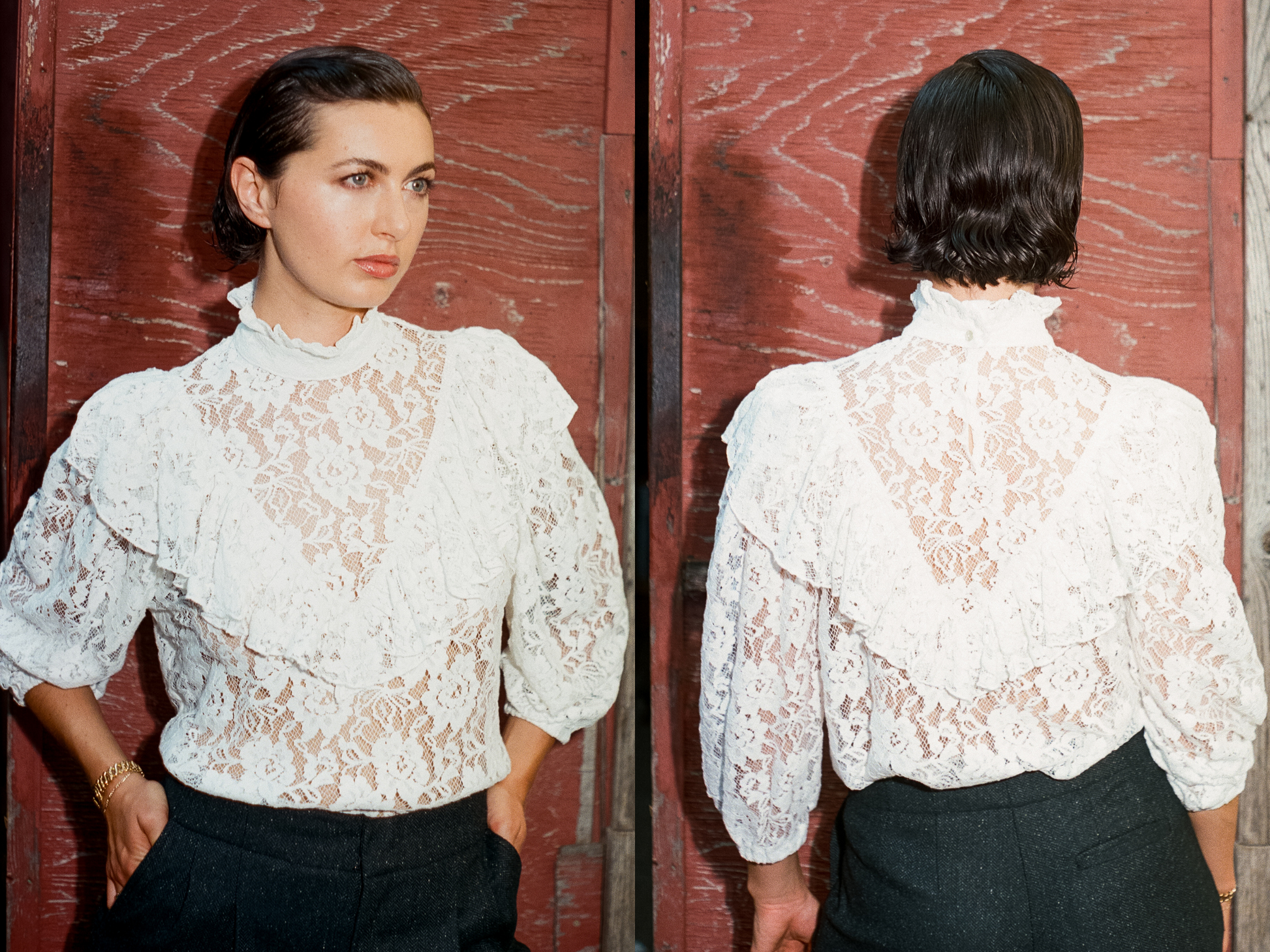White lace online ruffle blouse